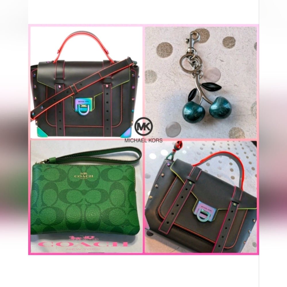 3pc Michael Kors Manhattan Contrast-Trim Leather Satchel/ Coach Wristlet/Charm